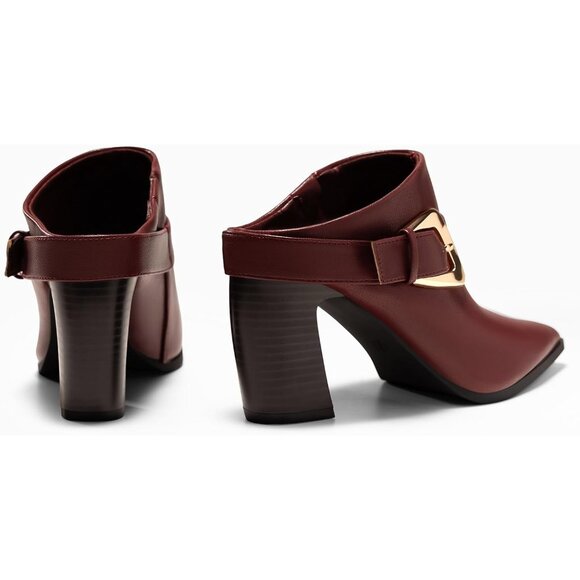 〽️Women\'s Wine Red Coutgo Pointed Chunky Heel Slip On Dress Stacked Booties main image 2